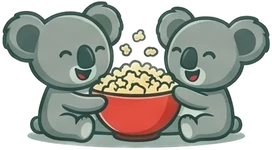 Two cute koalas sitting together and sharing a bucket of popcorn